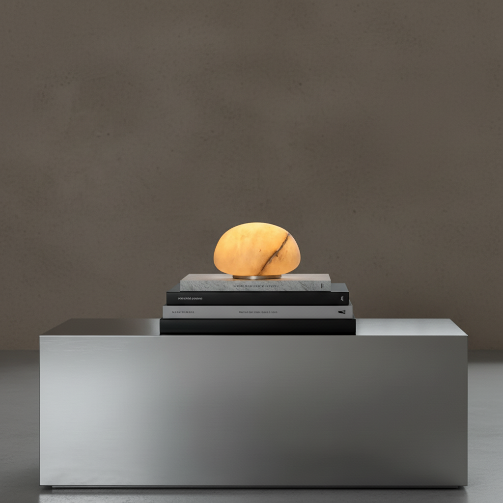 Lamp on table against tadelakt wall