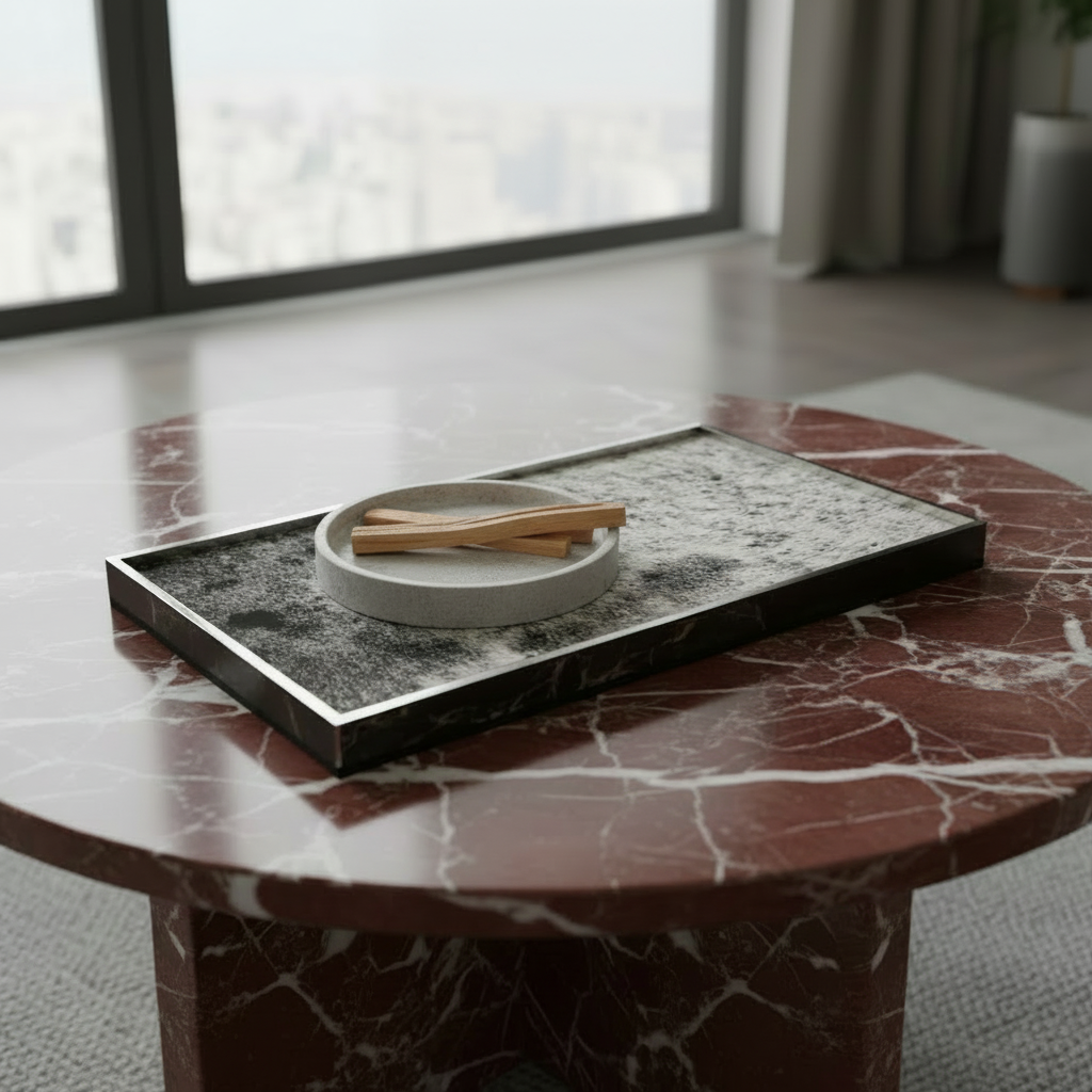 Marble tray with cement tray and palo santo, no curtains