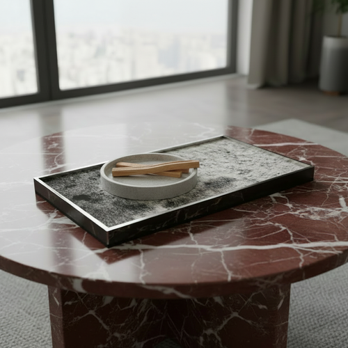 Marble tray with cement tray and palo santo, no curtains